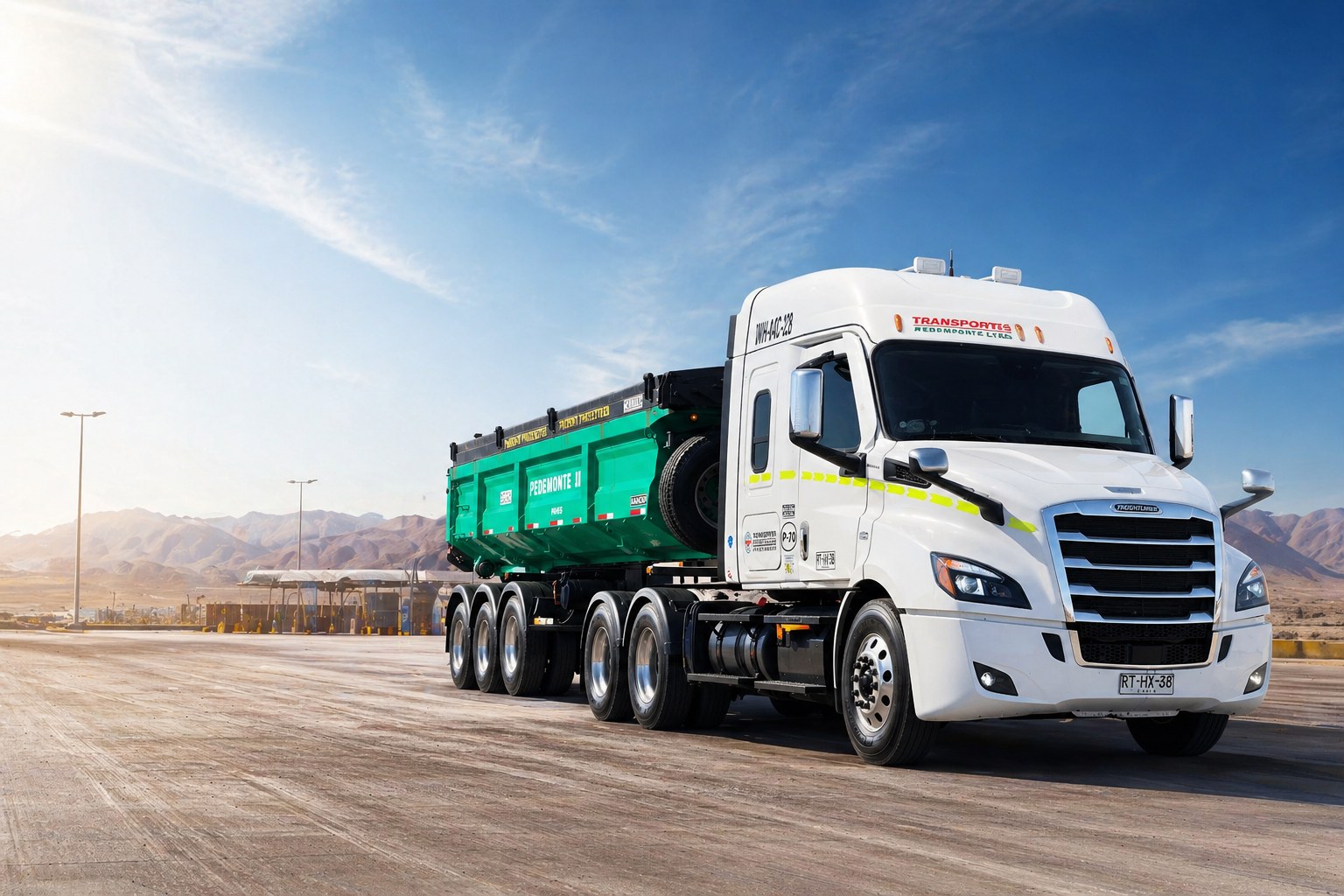 Tractocamión Freightliner de Transportes Pedemonte con batea en el desierto de Atacama